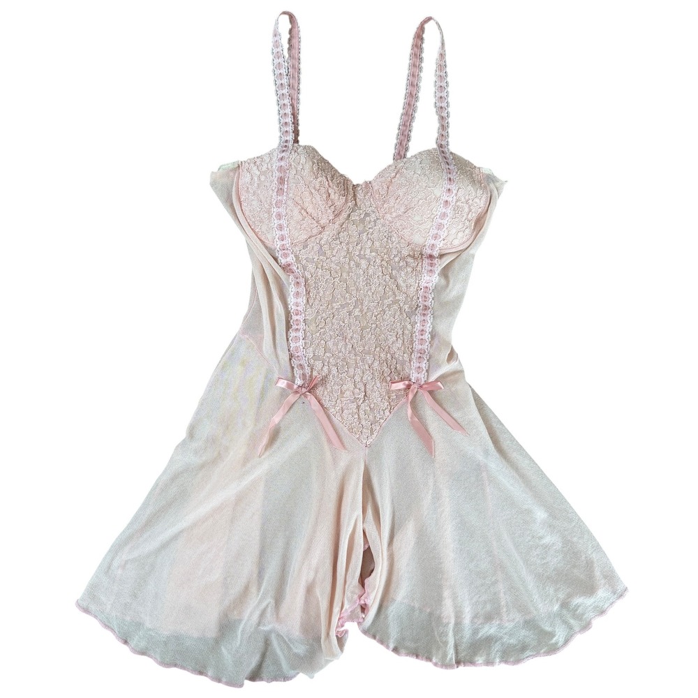 L'Intima Lace Bodysuit Teddy Sheer Mesh Babydoll Lingerie M Pink Vintage 90s